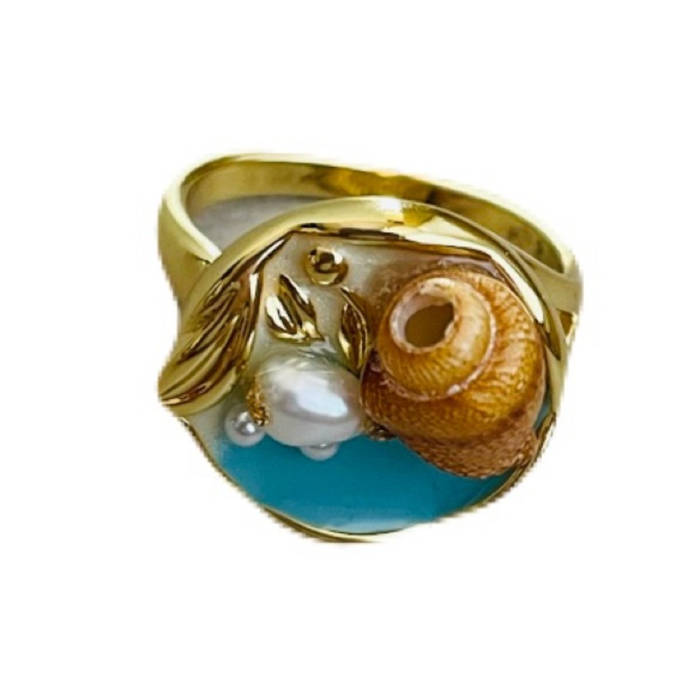 LAMENO Freshwater Pearl Sea Shell Ring in Blue and Gold - Picture 2 of 10